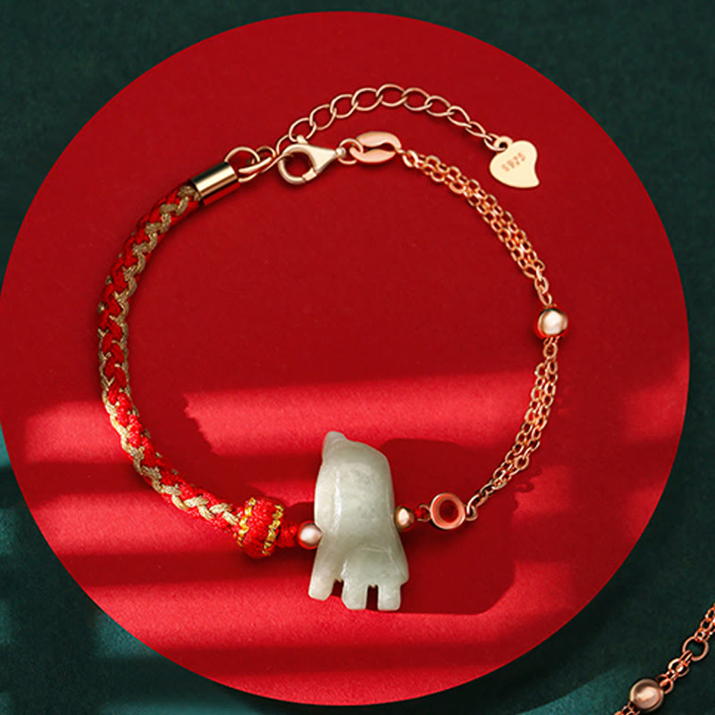 Buddha Stones 925 Sterling Silber Jahr des Drachen Chinesisches Sternzeichen Jade Glückskettenarmband