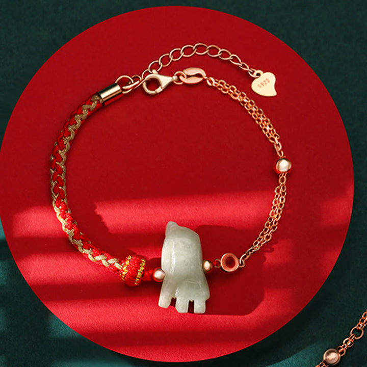 Buddha Stones 925 Sterling Silber Jahr des Drachen Chinesisches Sternzeichen Jade Glückskettenarmband