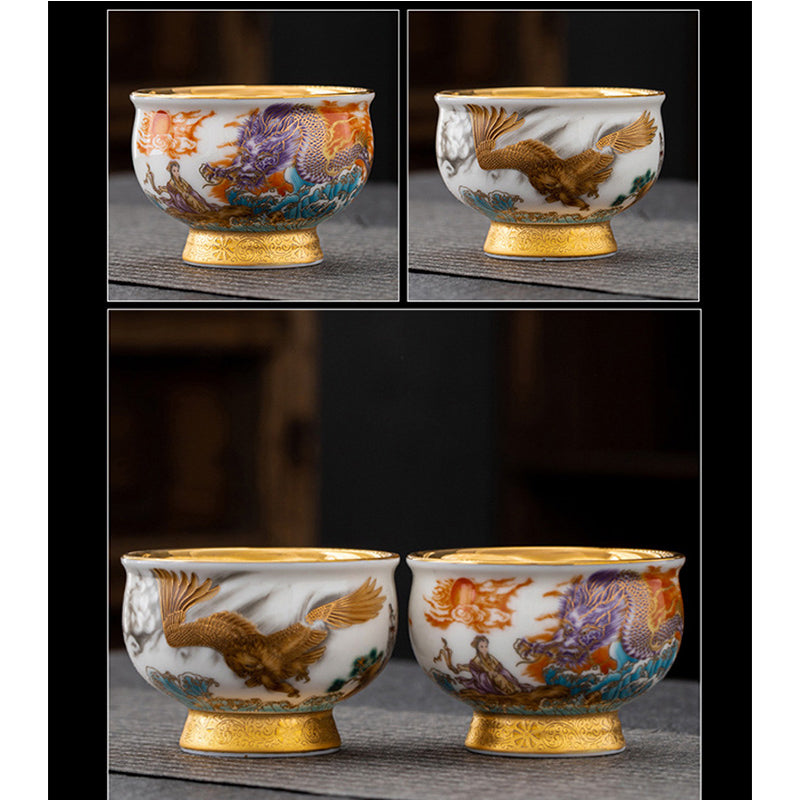 Buddha Stones, goldener Adler, verheißungsvoller Drache, Sonne, Ozean, Wellen, vergoldete Keramik-Teetasse, Kung-Fu-Teetasse
