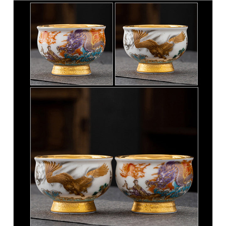 Buddha Stones, goldener Adler, verheißungsvoller Drache, Sonne, Ozean, Wellen, vergoldete Keramik-Teetasse, Kung-Fu-Teetasse