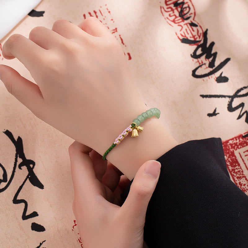 Buddha Stones Handgefertigtes Jadeperlen-Maiglöckchen-Charm-Glücksarmband
