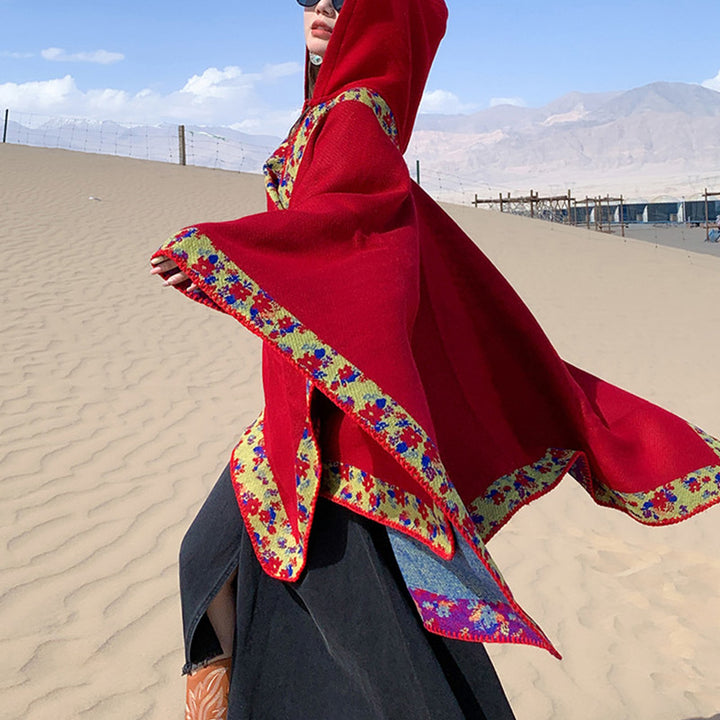 Buddha Stones Tibetischer Schal mit Rand, kleiner Blumen-Kapuzenumhang, gemütlicher Winter-Reiseschal