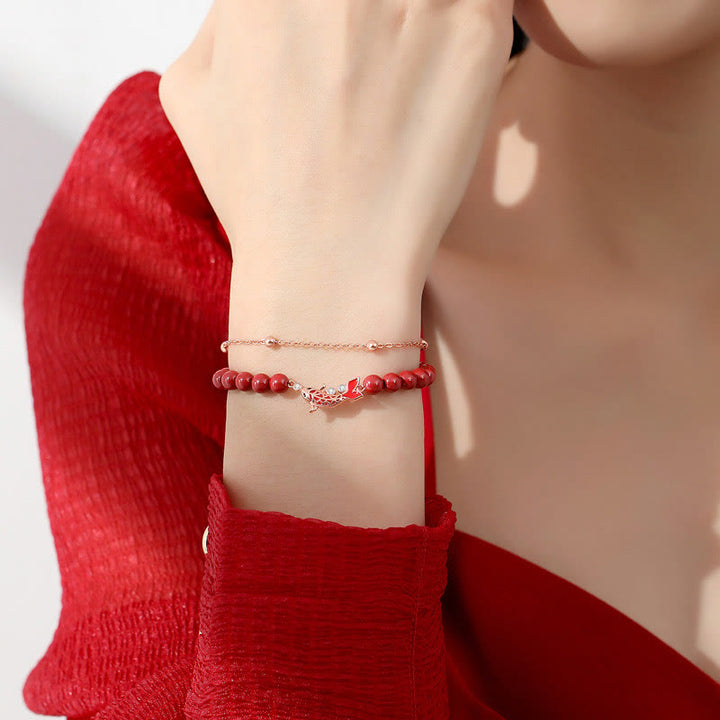 Buddha Stones 925 Sterling Silber Glücks-Koi-Fisch-Zinnober-Zirkon-Wohlstands-Doppelschicht-Kettenarmband