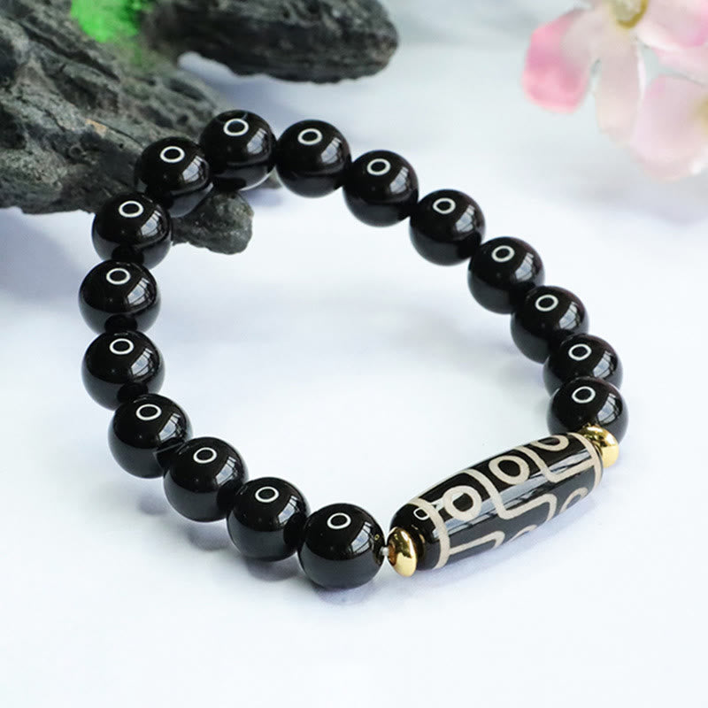 Buddha Stones Tibetisches Neun-Augen-Dzi-Perlen-Armband aus schwarzem Onyx