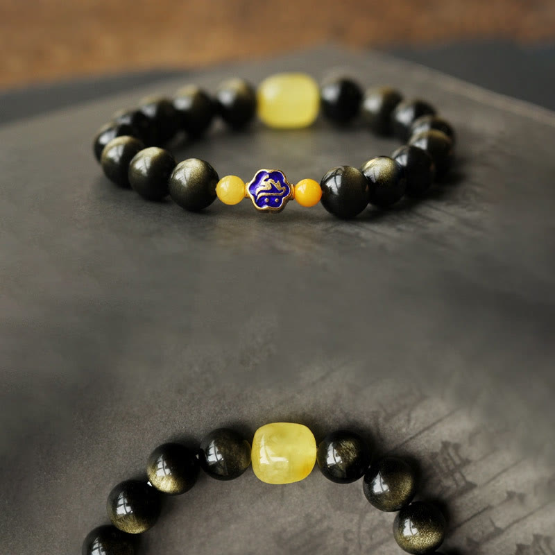 Armband mit Buddha Stonesn, 925er-Sterlingsilber, chinesisches Sternzeichen, Natal-Buddha, natürlicher Goldglanz, Obsidian-Bernstein, Reichtumsschutz-Armband