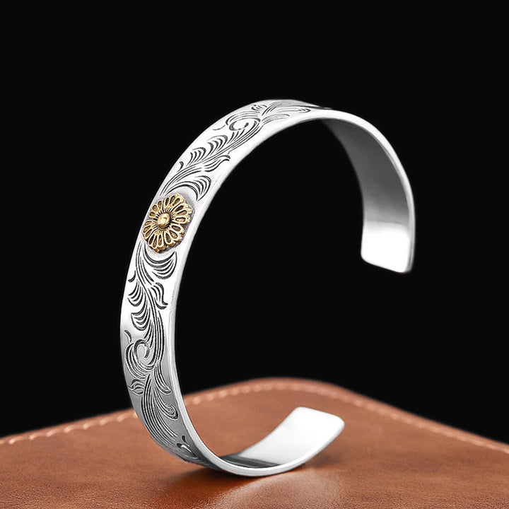 Buddha Stones, Tang-Dynastie, Blumen-Design, Rosen-Blumen-Feder, geschnitztes Kupfer-Glücksarmband