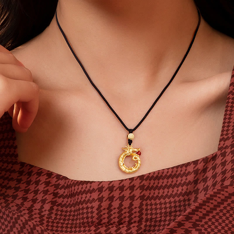 Buddha Stones 925 Sterling Silber Jahr des Drachen runder Fu-Charakter-Drachen-Erfolgs-Halskettenanhänger