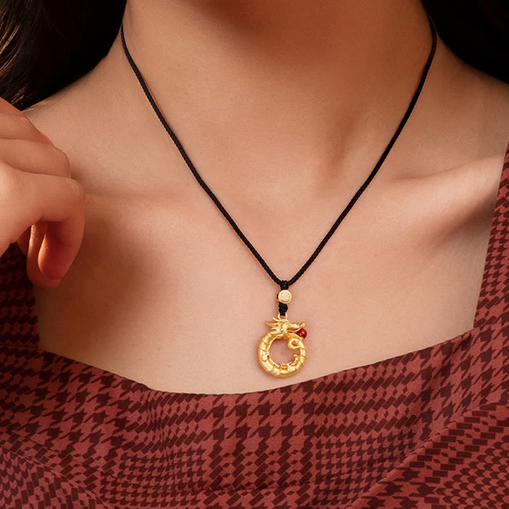 Buddha Stones 925 Sterling Silber Jahr des Drachen runder Fu-Charakter-Drachen-Erfolgs-Halskettenanhänger