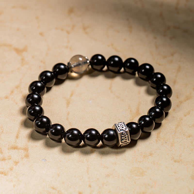Chinesisches Sternzeichen Natal Buddha 925 Sterling Silber Schwarzer Obsidian Mondstein Stärke Armband