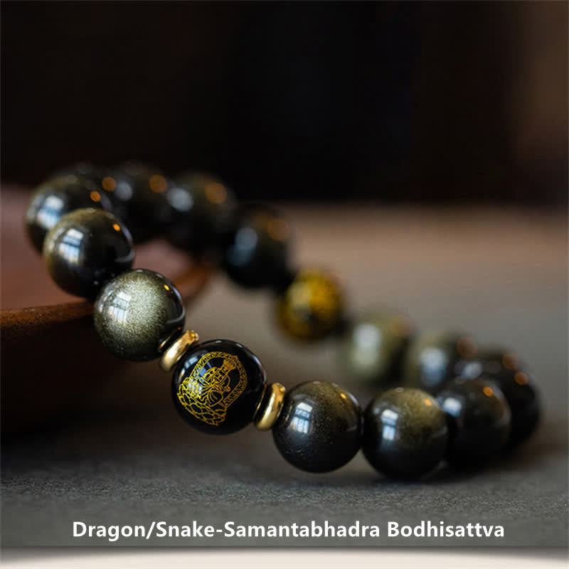 Chinesisches Tierkreis-Natal-Buddha-Goldglanz-Obsidian-Armband zum Schutz des Reichtums
