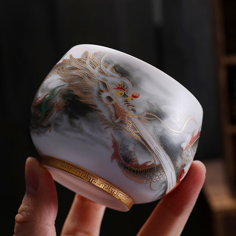 Buddha Stones, Drache, vergoldeter Kürbis, Keramik, Weiß Porzellan, Teetasse, Kung-Fu-Teetasse, 160 ml