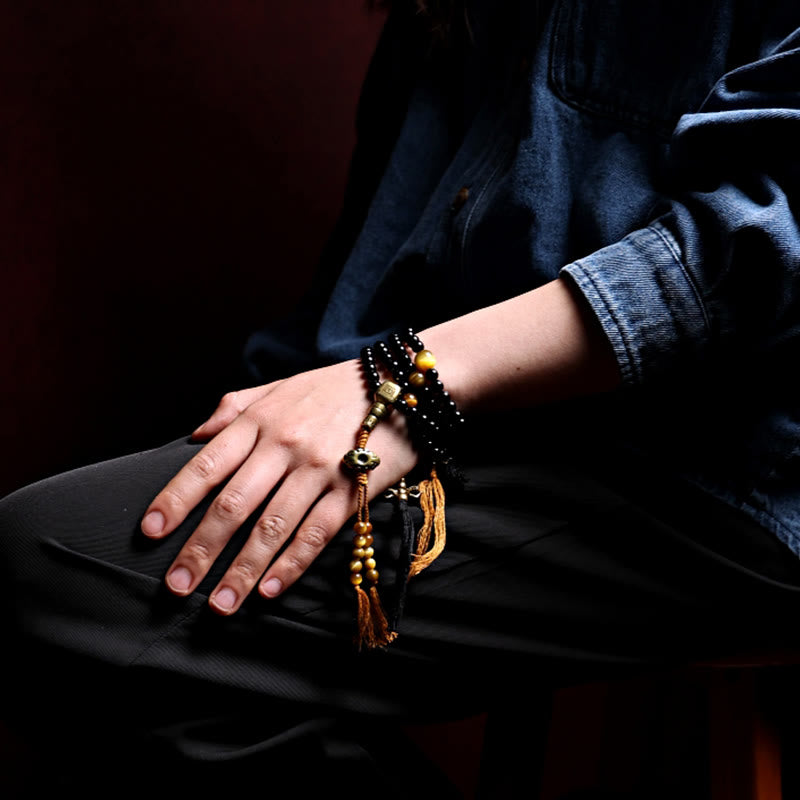 Buddha Stones, tibetische 108 Mala-Perlen, schwarzer Onyx, Tigerauge-Perlen, neun Paläste, Bagua-Schutzarmband