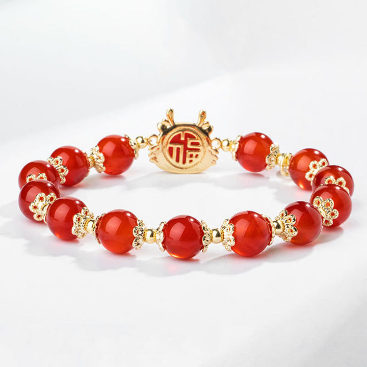 Armband mit Buddha Stonesn, Jahr des Drachen, natürlicher roter Achat, schwarzer Onyx, Glücks-Fu-Charakter