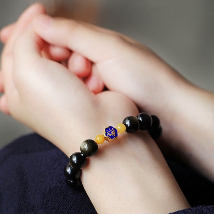 Armband mit Buddha Stonesn, 925er-Sterlingsilber, chinesisches Sternzeichen, Natal-Buddha, natürlicher Goldglanz, Obsidian-Bernstein, Reichtumsschutz-Armband