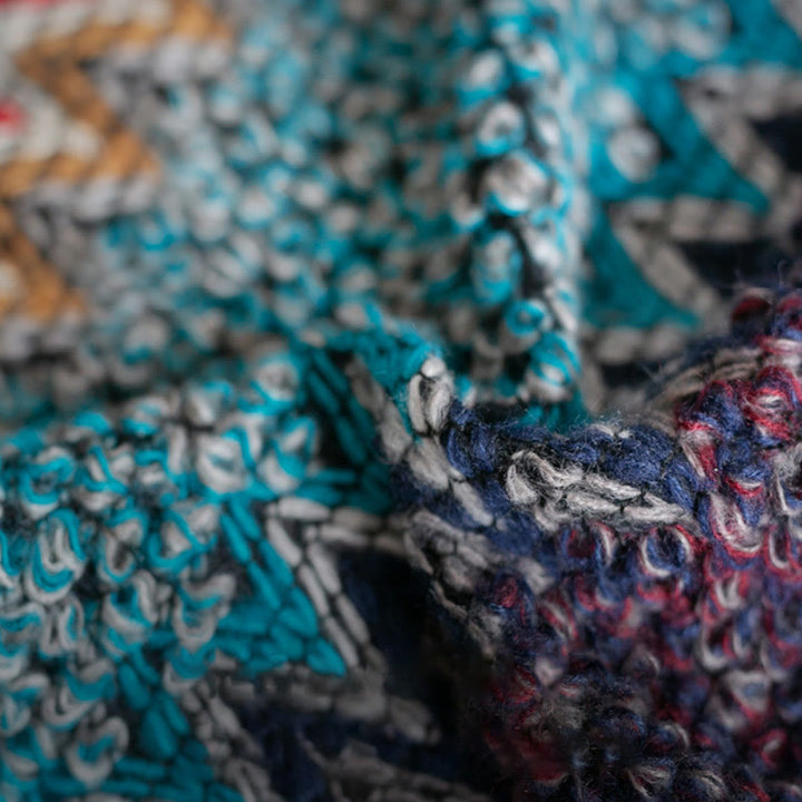 Buddha Stones Tibetischer Schal Blau Beige Rot Wellenmuster Winter Warmer Quastenschal