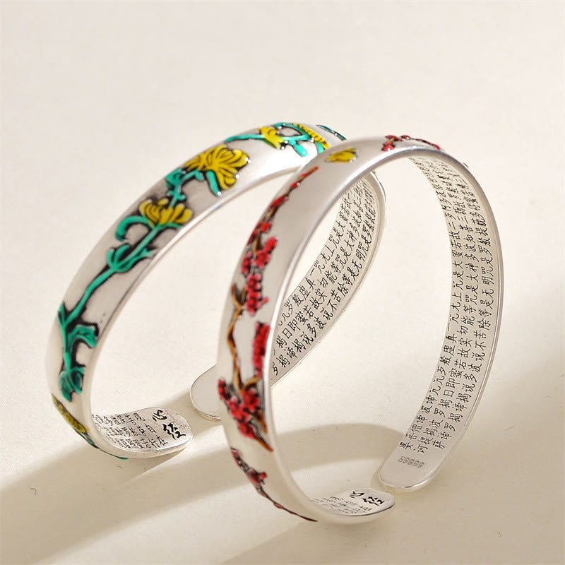 Buddha Stones, Pflaumenblüten-Chrysanthemen-Blumen-Design, Herz-Sutra-Heilarmband, Manschettenarmband