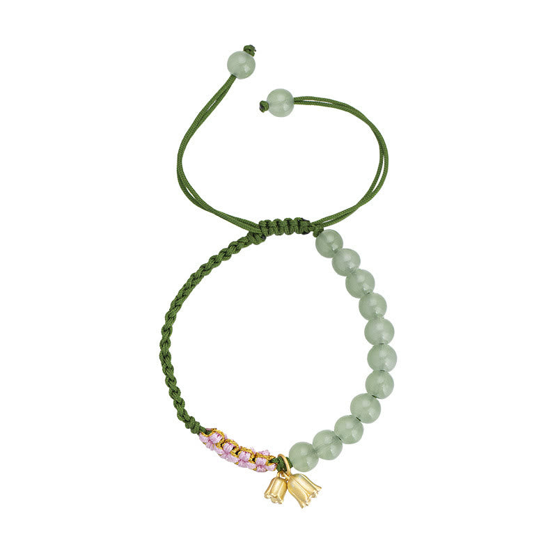Buddha Stones Handgefertigtes Jadeperlen-Maiglöckchen-Charm-Glücksarmband
