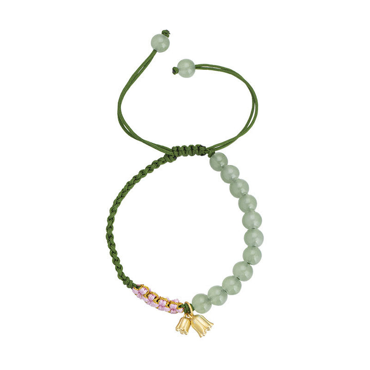 Buddha Stones Handgefertigtes Jadeperlen-Maiglöckchen-Charm-Glücksarmband