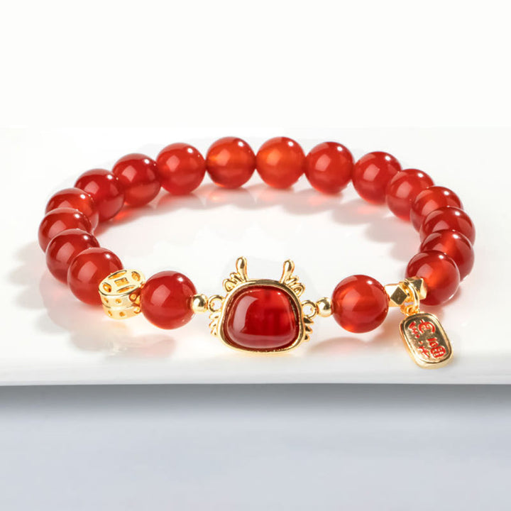 Armband mit Buddha Stonesn, Jahr des Drachen, natürlicher roter Achat, schwarzer Onyx, Glücks-Fu-Charakter
