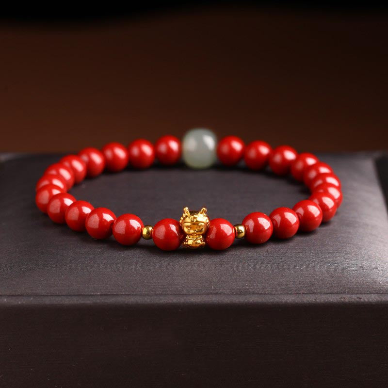 Buddha Stones 999 Gold Jahr des Drachen natürliches Zinnober-Jade-Kupfer-Münze-Fu-Charakter-Segen-Armband