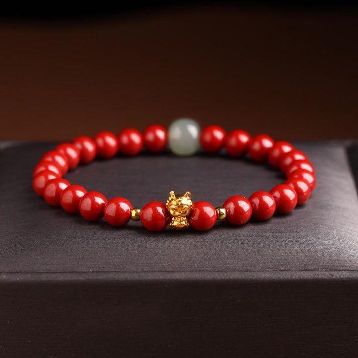 Buddha Stones 999 Gold Jahr des Drachen natürliches Zinnober-Jade-Kupfer-Münze-Fu-Charakter-Segen-Armband