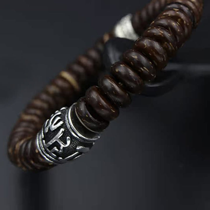 Buddha Stones Natürliches tibetisches Om Mani Padme Hum Positive Armband aus Kokosnussschale