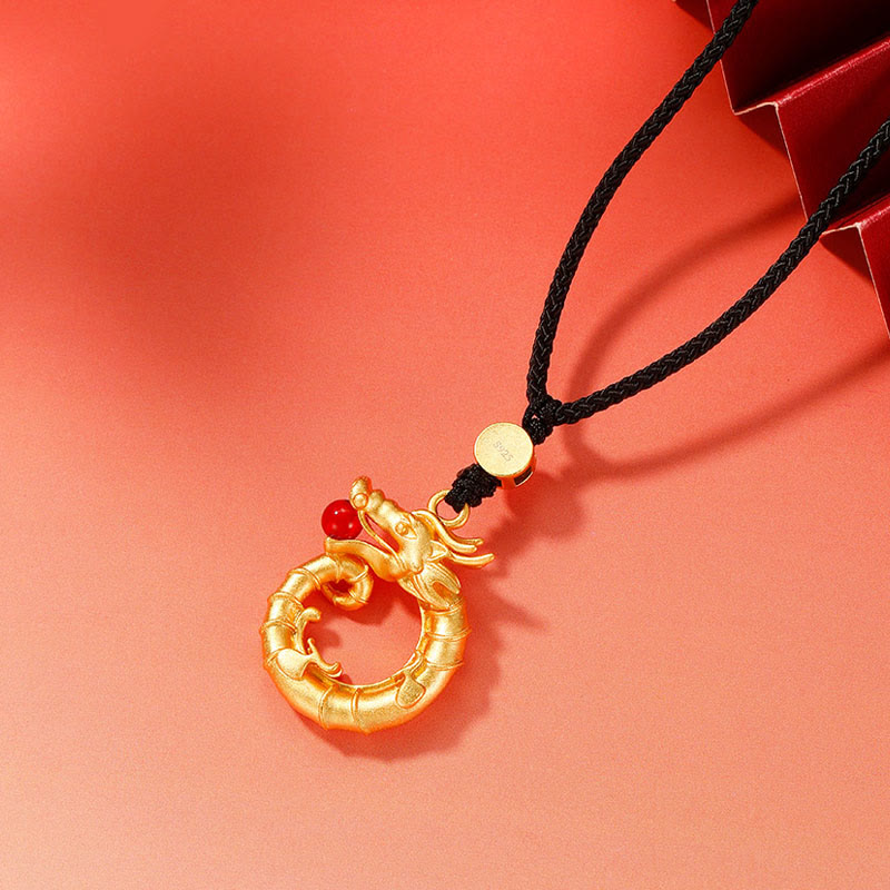 Buddha Stones 925 Sterling Silber Jahr des Drachen runder Fu-Charakter-Drachen-Erfolgs-Halskettenanhänger