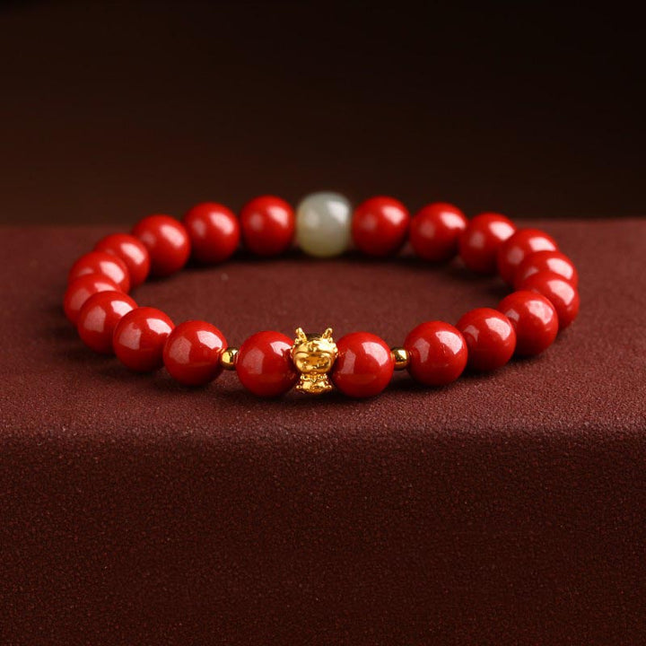 Buddha Stones 999 Gold Jahr des Drachen natürliches Zinnober-Jade-Kupfer-Münze-Fu-Charakter-Segen-Armband