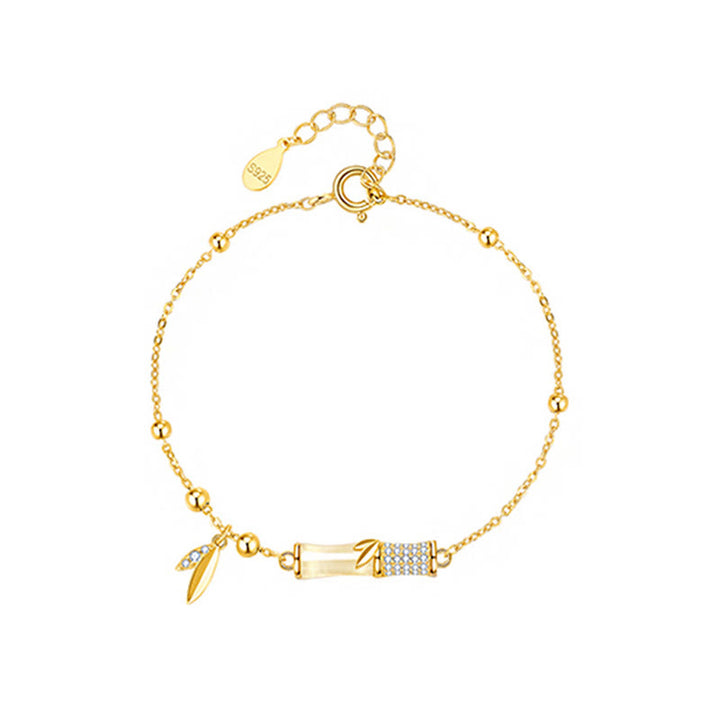 Buddha Stones Glücksarmband aus 925er-Sterlingsilber, 18 Karat vergoldet, Weiß Jade, Bambus-Zirkon, Blatt-Glücksarmband