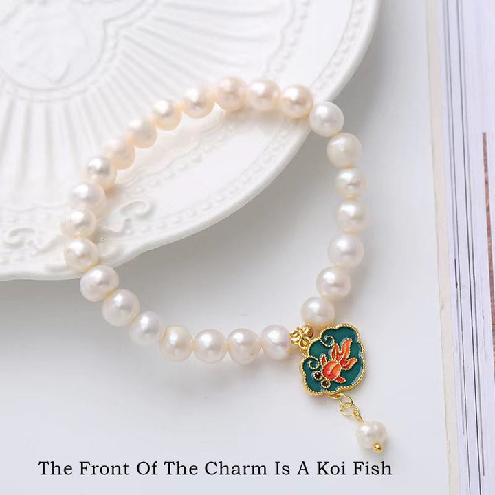 Charm-Armband mit natürlichem Perlen-Lotus-Koi-Fisch, Goldfisch, Optimismus