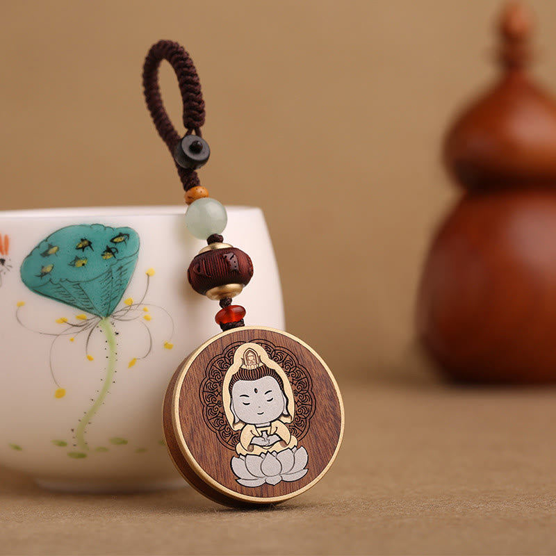 Buddha Stones Ebenholz Palisander Buddha Avalokitesvara Om Mani Padme Hum Balance Auto Schlüsselanhänger Dekoration