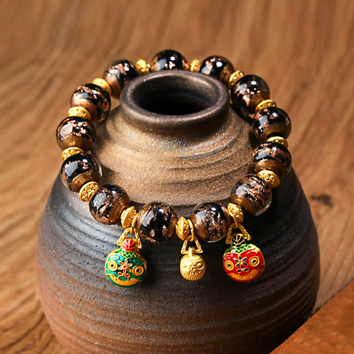 Buddha Stones Gold Schlucktier Familie Charm Liuli Glasperlen Glücksarmband