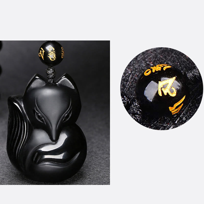 Buddha Stones, natürlicher schwarzer Obsidian, Tigerauge, Eis-Obsidian, Fuchs-Anhänger, Amulett-Halskette