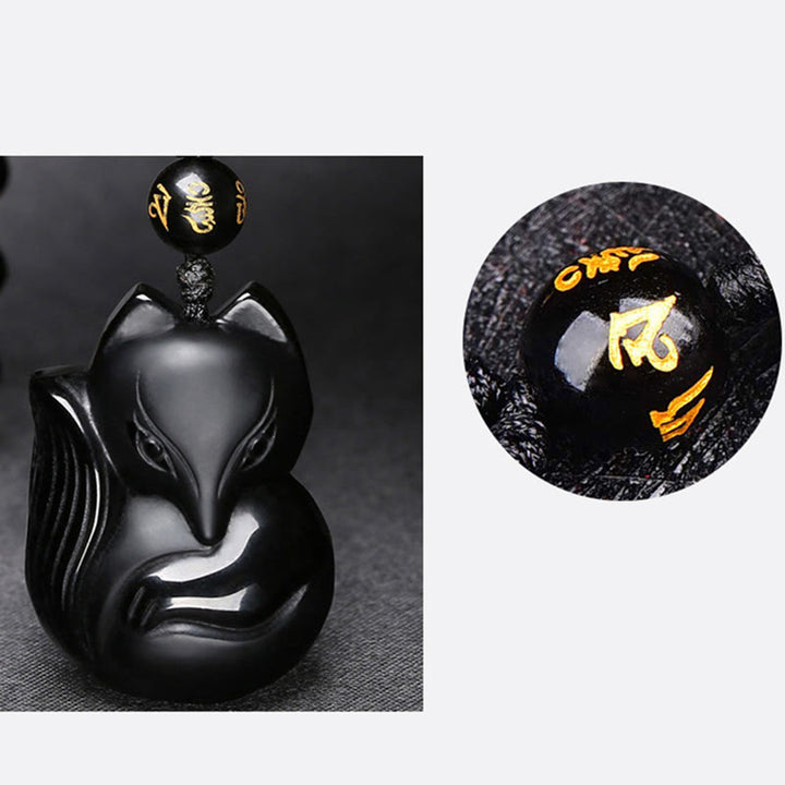 Buddha Stones, natürlicher schwarzer Obsidian, Tigerauge, Eis-Obsidian, Fuchs-Anhänger, Amulett-Halskette