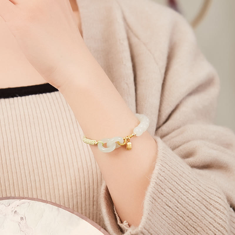 Buddha Stones Natürliche Hetian Jade Perle Doppelte Friedensschnalle Fu Charakter Fülle Geflochtenes Armband