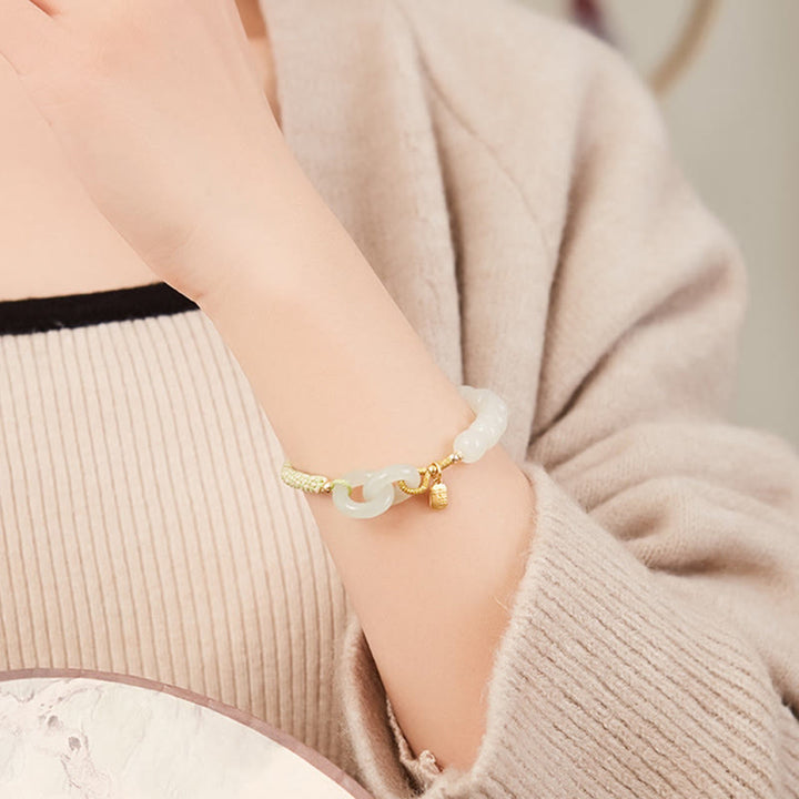 Buddha Stones Natürliche Hetian Jade Perle Doppelte Friedensschnalle Fu Charakter Fülle Geflochtenes Armband