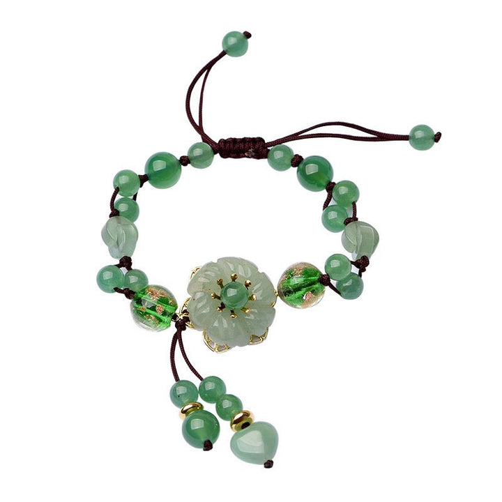 Buddha Stones natürliches grünes Jade-Glücks-Armband mit baumelnder Blume