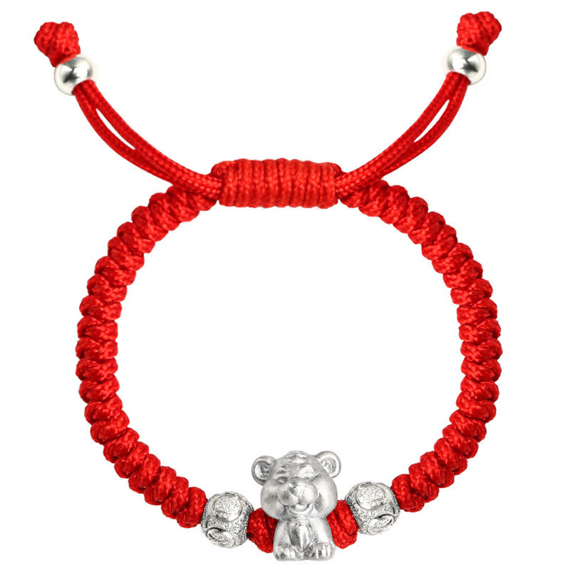Buddha Stones 999 Sterling Silber Chinesisches Sternzeichen Rotes Seil Glück Handgefertigtes Kinderarmband