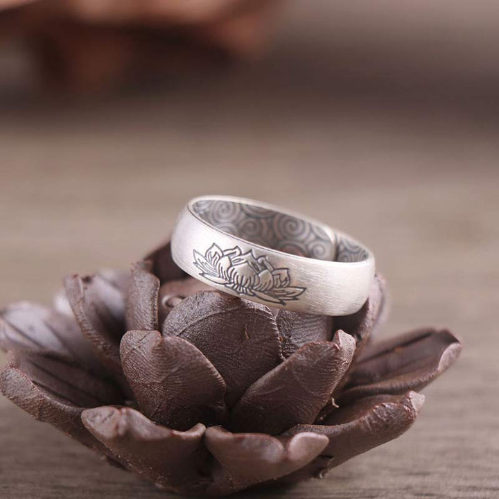 Buddha Stones 999 Sterling Silber Lotus-Elefant-Segen-Ring mit sechs wahren Worten