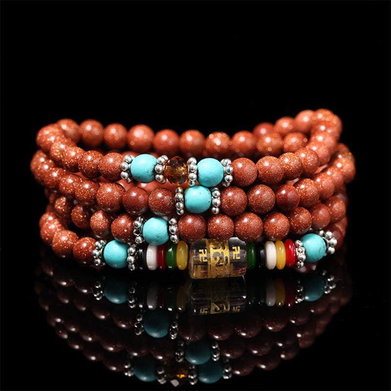 Buddha Stones 108 Mala Perlen Goldstone Om Mani Padme Hum Swastika Confidence Armband