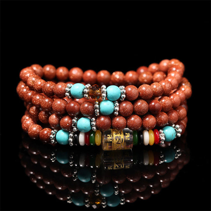 Buddha Stones 108 Mala Perlen Goldstone Om Mani Padme Hum Swastika Confidence Armband