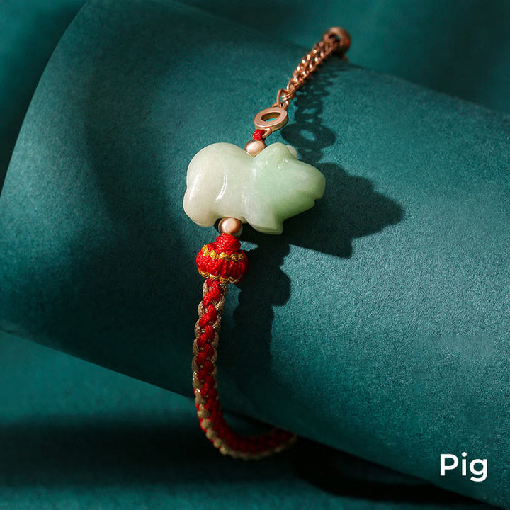 Buddha Stones 925 Sterling Silber Jahr des Drachen Chinesisches Sternzeichen Jade Glückskettenarmband