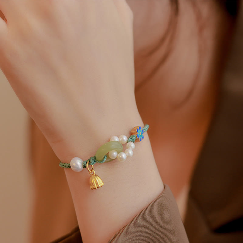 Buddha Stones Natürliche Hetian Jade Friedensschnalle Perle Glück Handgefertigtes geflochtenes Armband