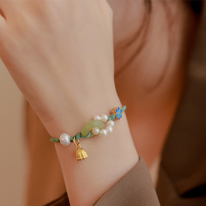 Buddha Stones Natürliche Hetian Jade Friedensschnalle Perle Glück Handgefertigtes geflochtenes Armband