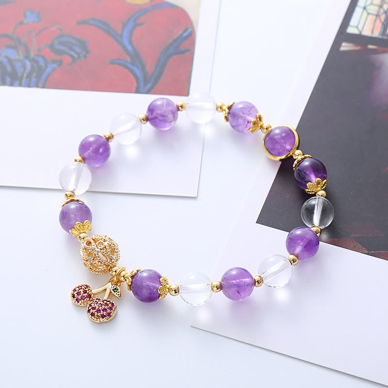 Buddha Stones natürliches Amethyst- Weiß Kristall-Charm-Armband mit positiver Kirsche