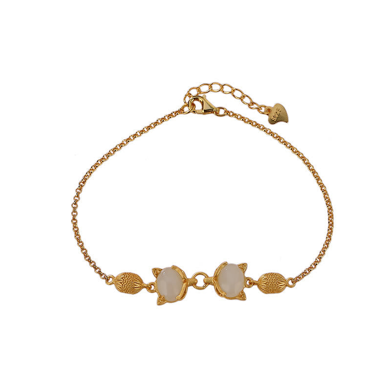 Buddha Stones 925 Sterling Silber Natürliche Hetian Weiß Jade Cyan Jade Schönes Fuchs-Glücksarmband