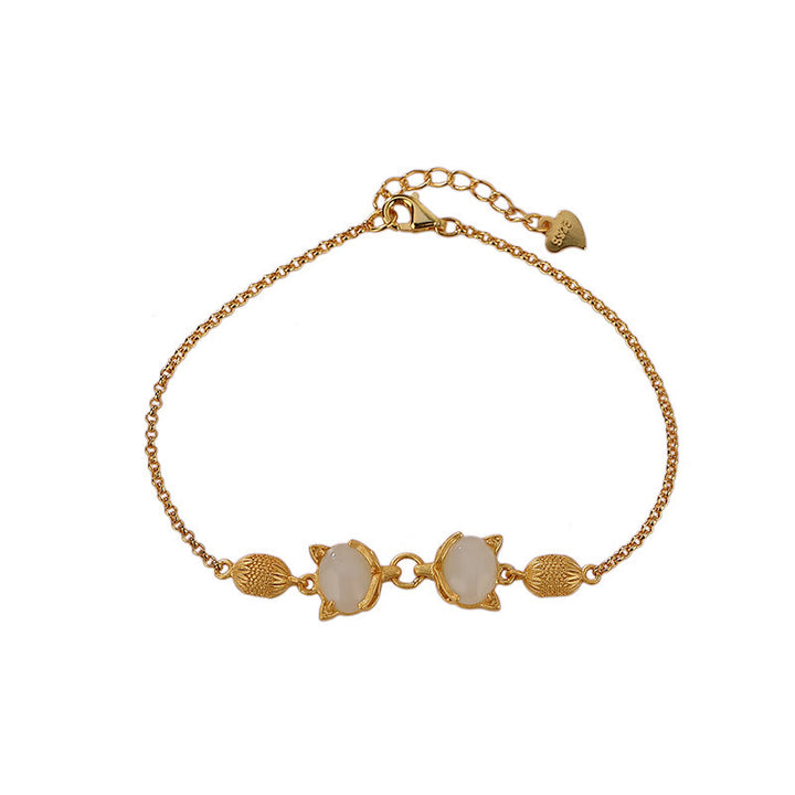 Buddha Stones 925 Sterling Silber Natürliche Hetian Weiß Jade Cyan Jade Schönes Fuchs-Glücksarmband