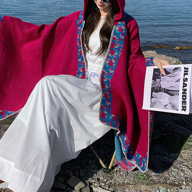 Buddha Stones Tibetischer Schal mit Rand, kleiner Blumen-Kapuzenumhang, gemütlicher Winter-Reiseschal