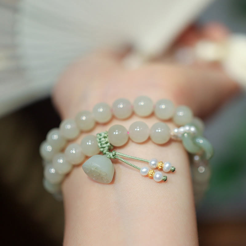 Buddha Stones 925 Sterling Silber Hetian Jade Doppelte Friedensschnalle Lotus Glück Doppeltes Wickelarmband