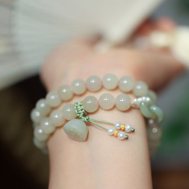 Buddha Stones 925 Sterling Silber Hetian Jade Doppelte Friedensschnalle Lotus Glück Doppeltes Wickelarmband